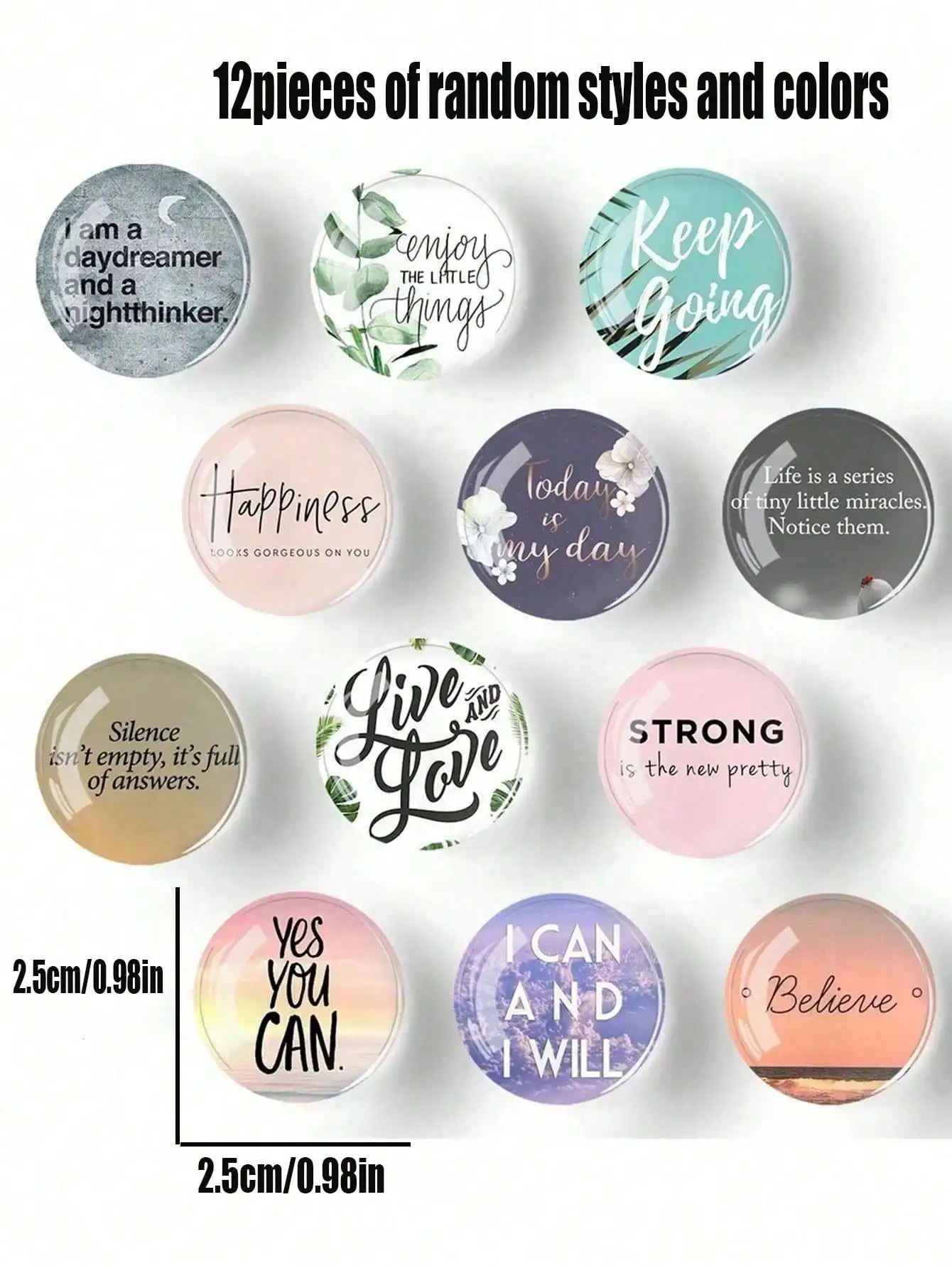 12 pieces random color and style round inspirational English multi-pattern random fridge stickers, memo photo decoration, holida