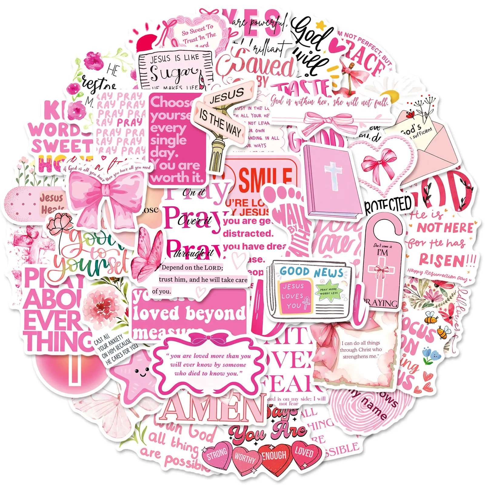 

10/50pcs Pink Jesus Bible Stickers Graffiti Inspirational Words Decals DIY Waterproof Stationery Suitcase Water Bottle Sticker