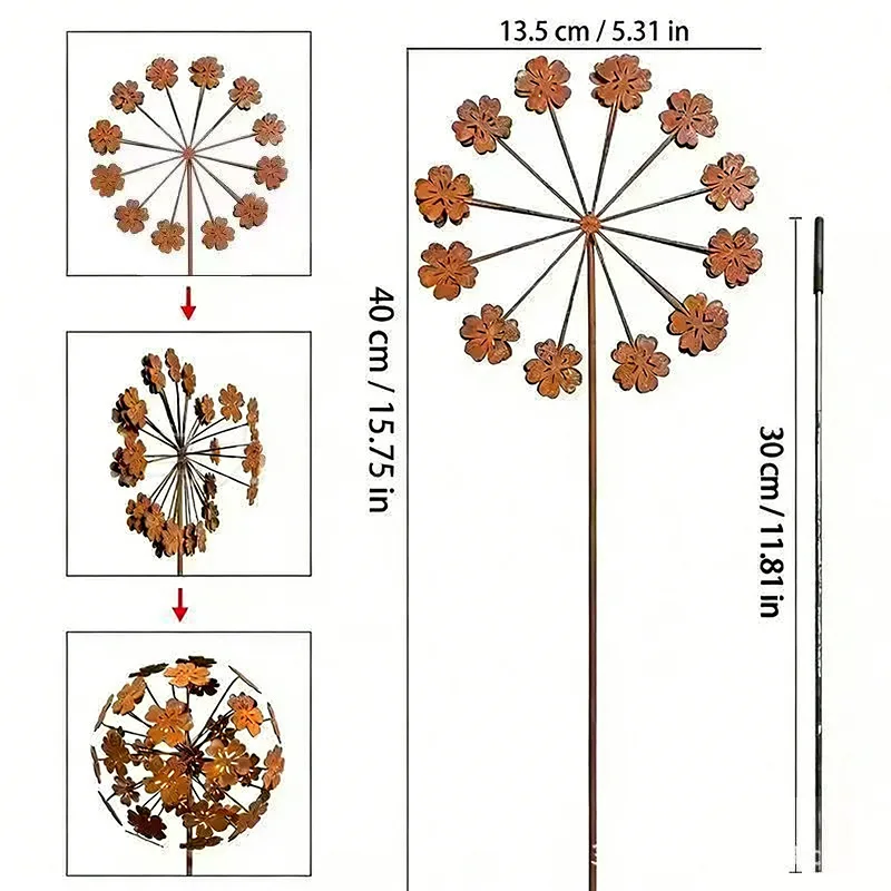 1set Vintage Paardebloem Tuin Sculpturen, 3D Bol Bloem Stakes voor Tuinieren, Rustieke Metalen Plant Kunst met Handmatige Bloemblaadje Opening