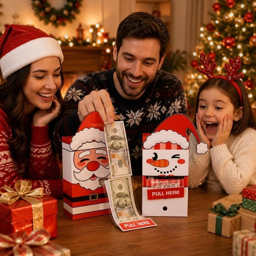 Funny Christmas Money Grabbing Box Atmosphere Setting Prop Reusable Surprise Bill Box Santa Snowman Money Drawing Box