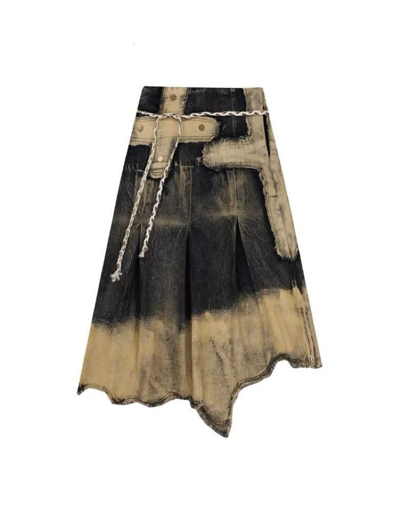 Women's Heavy-Duty Distressed Raw-Edge Denim Midi Skirt, American Retro Y2K Style, with a Sense of Design