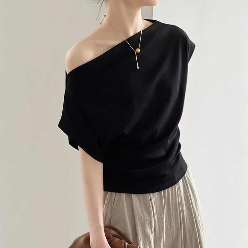 สไตล์ฝรั่งเศสแฟชั่นปิดไหล่สีทึบแขนสั้นเสื้อยืดฤดูใบไม้ผลิ/ฤดูร้อนใหม่ Retro Casual เซ็กซี่คุณภาพสูง Lady Top