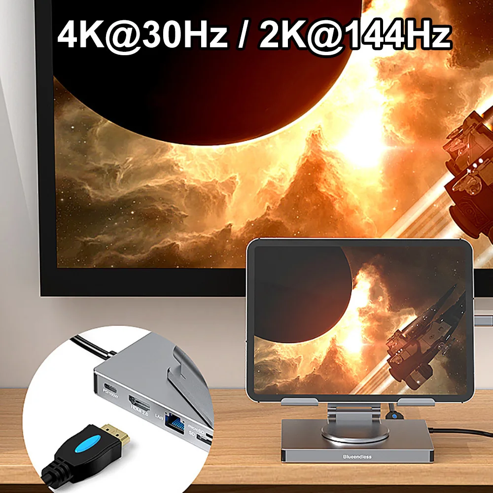 KEBIDUMEI Rotable Tablet Bracket Docking Station 7 Ports USB C HUB USB 3.0 HUB Type C to HDMI 4K30Hz RJ45 100Mbps PD100W SD TF