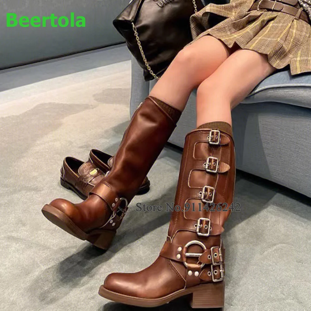 

Buckle Design Real Leather Chunky Heel Boots For Female Women Square Toe Luxury Design Solid Slip-on Hot Sales Fashion Shoes