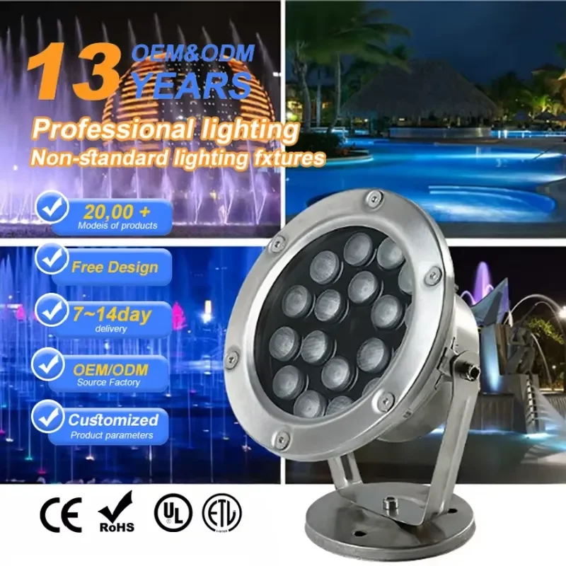RGB DMX512 Controlled Stainless Steel IP68 LED Underwater Pool Light for Landscape and Fountain Dimmable for 12V 24V