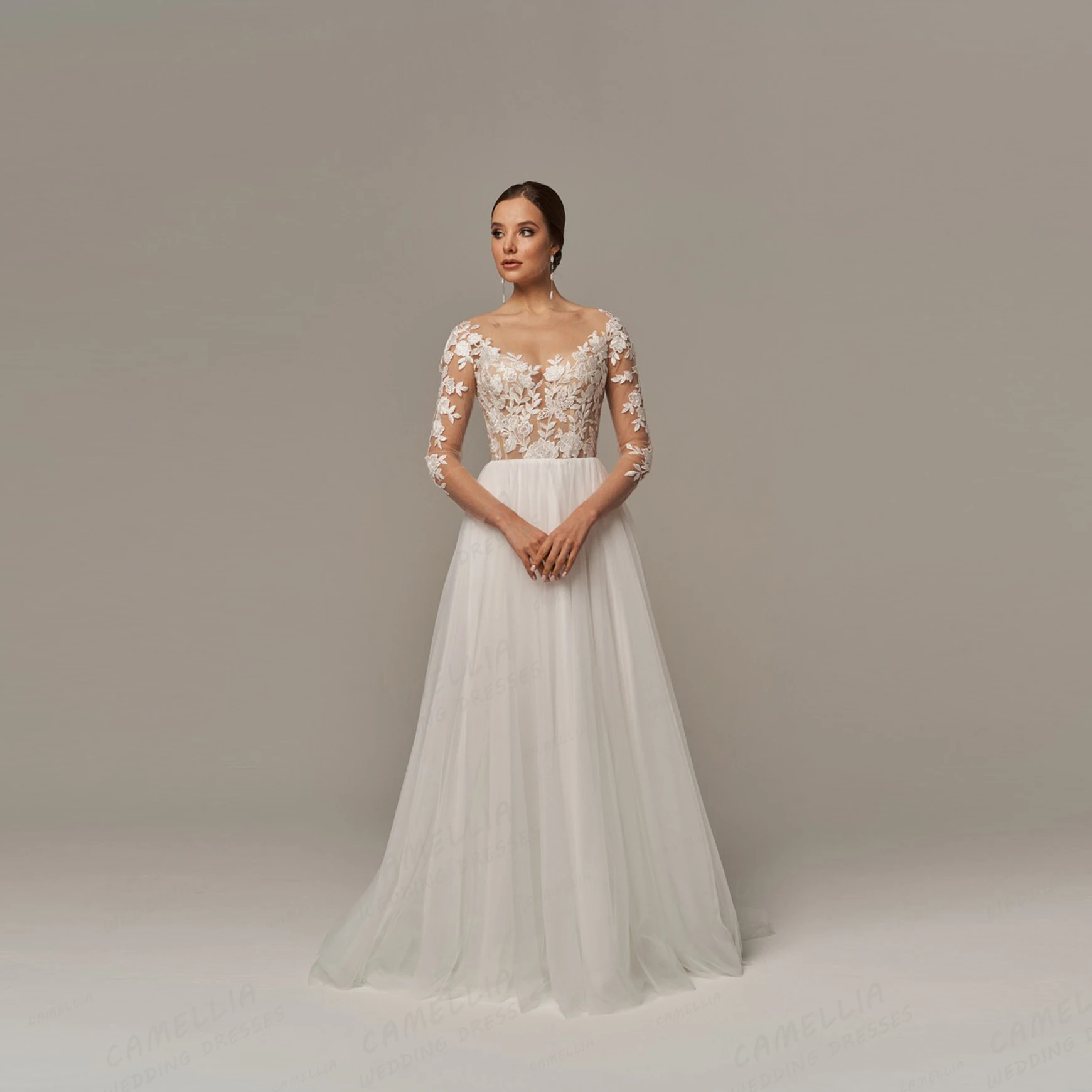 

Elegant Women's Wedding Dresses A Line Lace Appliques Backless Long Sleeve Tulle 2025 Bridal Gowns Vestidos De Novia Customized