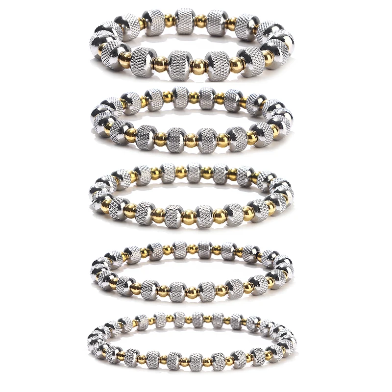 

High Quality Sparkling Metal Stainless Steel Waterproof Jewelry Classics Unisex Multiple Models Bicolor Beaded Elastic Bracelets