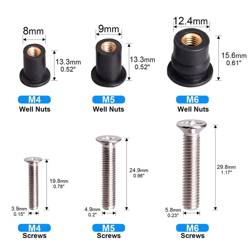 36 Pairs M4/M5/M6 Neoprene Well Nuts with Stainless Steel Screw Rubber Well Nuts Kayak Brass Copper Bolts Well Nut Kit