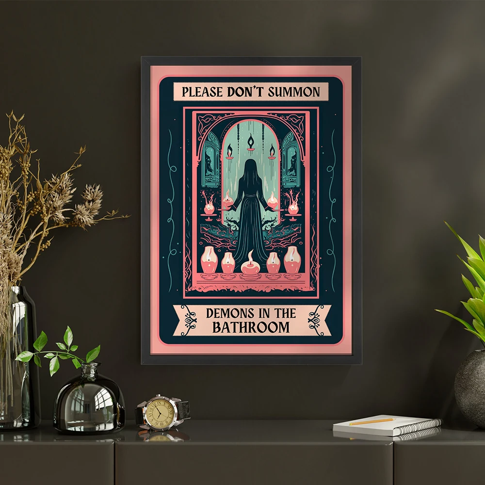 Please Don't Summon Demons In The Bathroom Posters Tarot Card Wall Art Prints Vintage Halloween Pictures For Living Room Decor