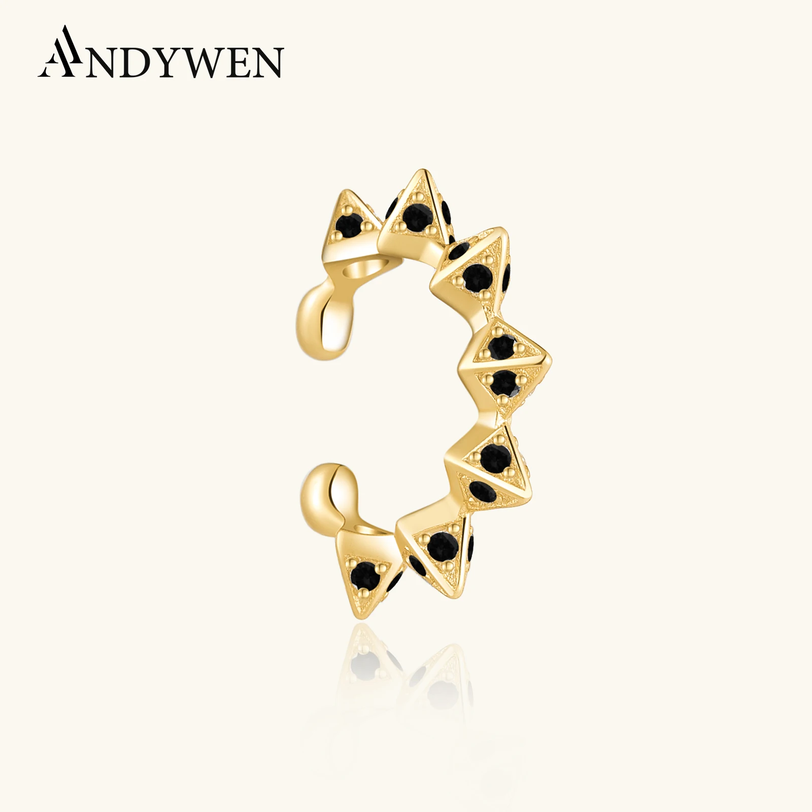

ANDYWEN 925 Sterling Silver Gold Spike Clear Zircon Black Ear Cuff Earbar Women Non Piercing Clips Luxury Women Fashion Earcuff