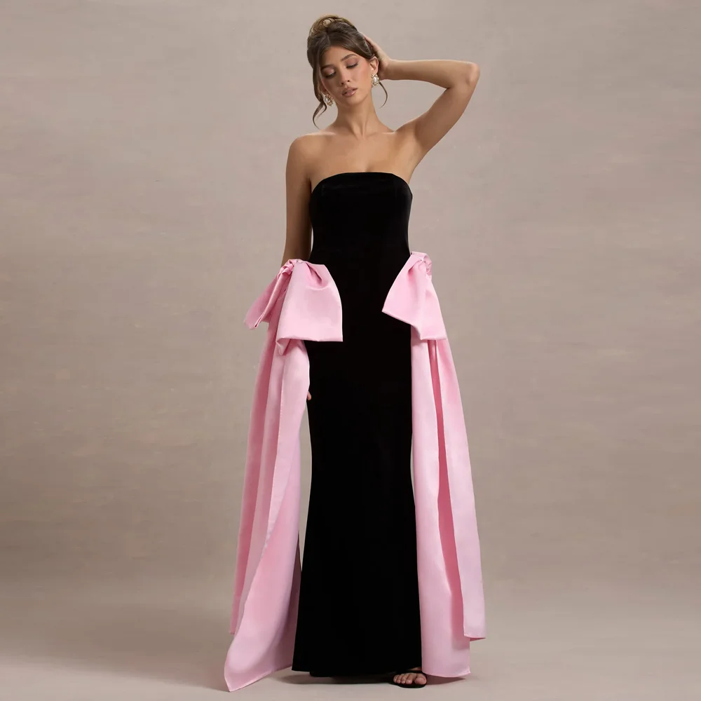 Couture Modest Black Velvet Mermaid Formal Dresses With Pink Bow Decoration Strapless Long Women Maxi Dress To Party