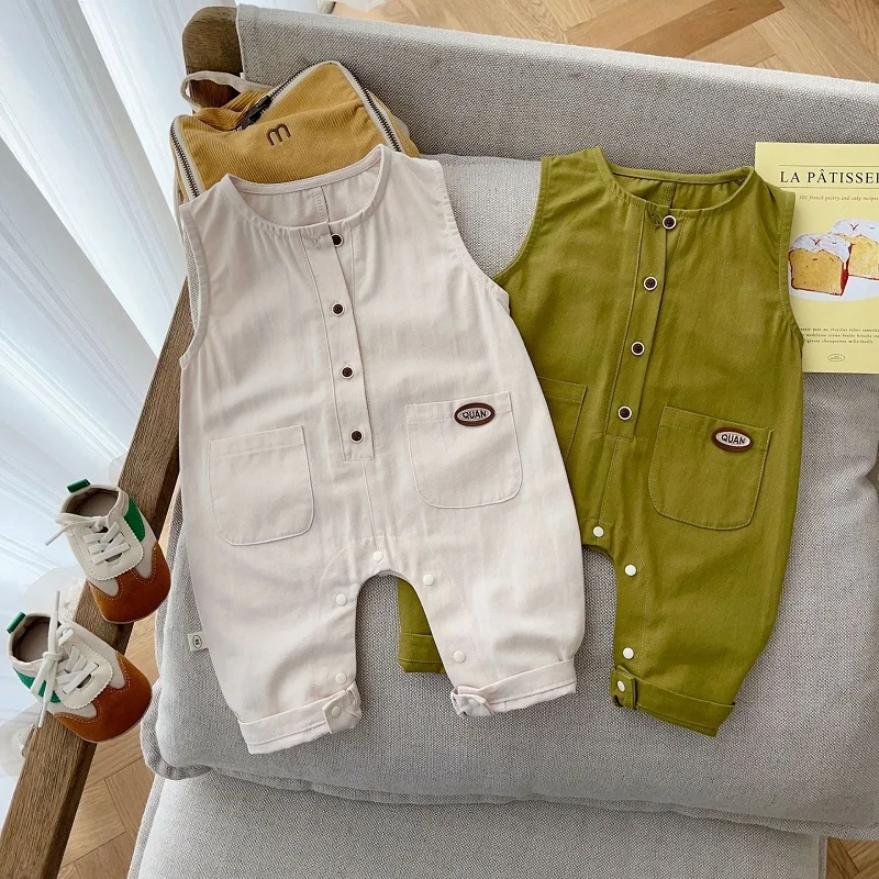 2023 Autumn Korea Style Newborn Baby Boy Girl Clothes Sleeveless Pocket Cargo Romper Jumpsuit Simple Playsuit Outwear 0-2Years