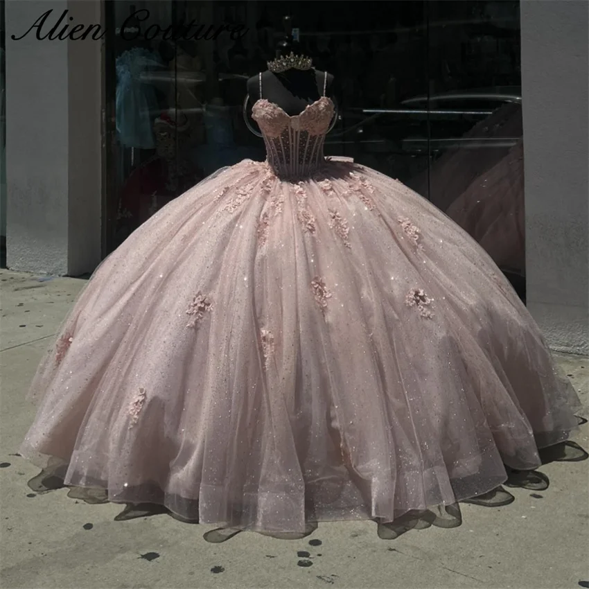 Pink Princess Ball Gown Quinceanera Dresses 2024 With Bow Beaded Appliques Crystals Sweet 16 Prom Dress Vestidos De 15 Años