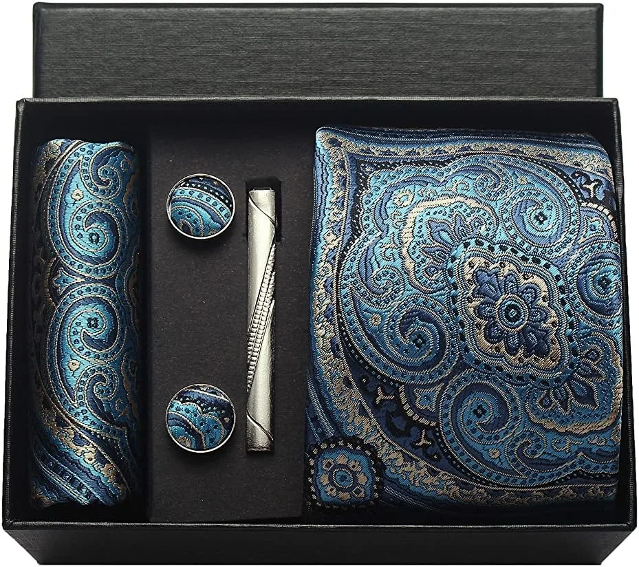 100 % Seidenkrawatte, Paisley-Blumenmuster, Herrenkrawatte, hochwertige Business-Krawatte, Einstecktuch, Krawattenklammer, Manschettenknöpfe-Set, klassisch, für Männer, Geschenkbox