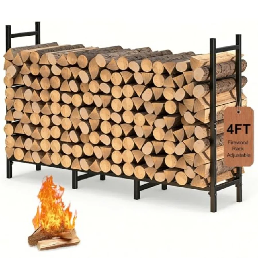 

4Feet Firewood Rack Indoor Outdoor, Heavy Duty Log Holder Stand for Fireplace, Adjustable Wood Storage Organizer with Weather-R