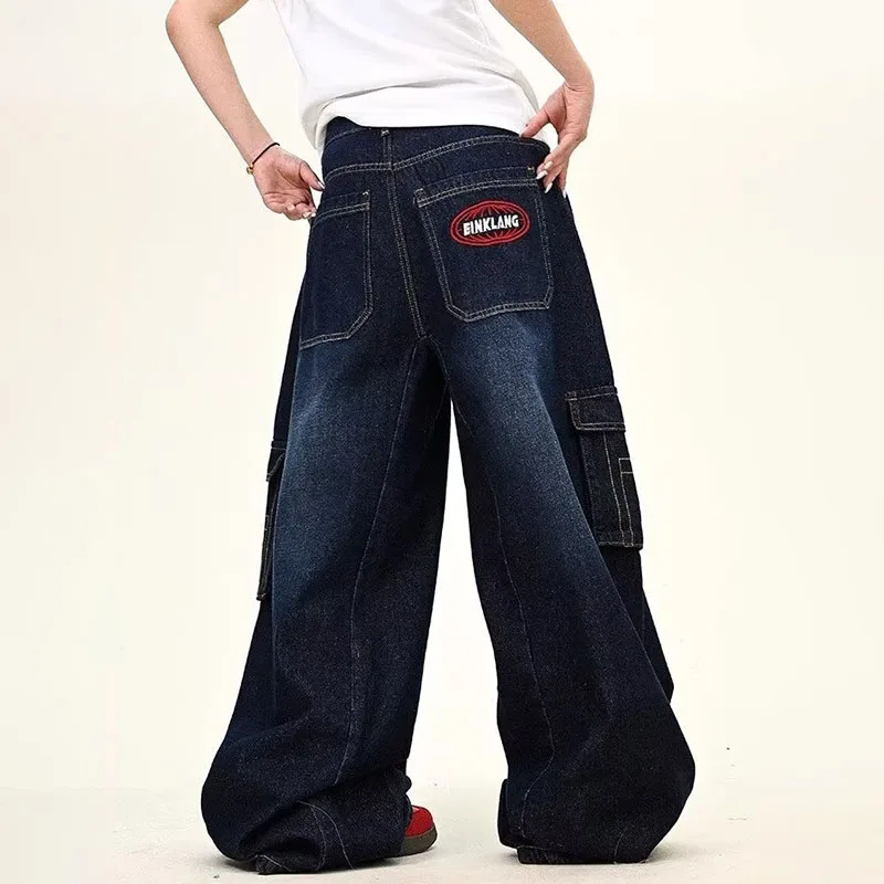 Japanese Korean Versions Harajuku Men'S Jeans Fashion Casual Curved Pants Loose Pants Large Pockets Denim Straight Leg Pants