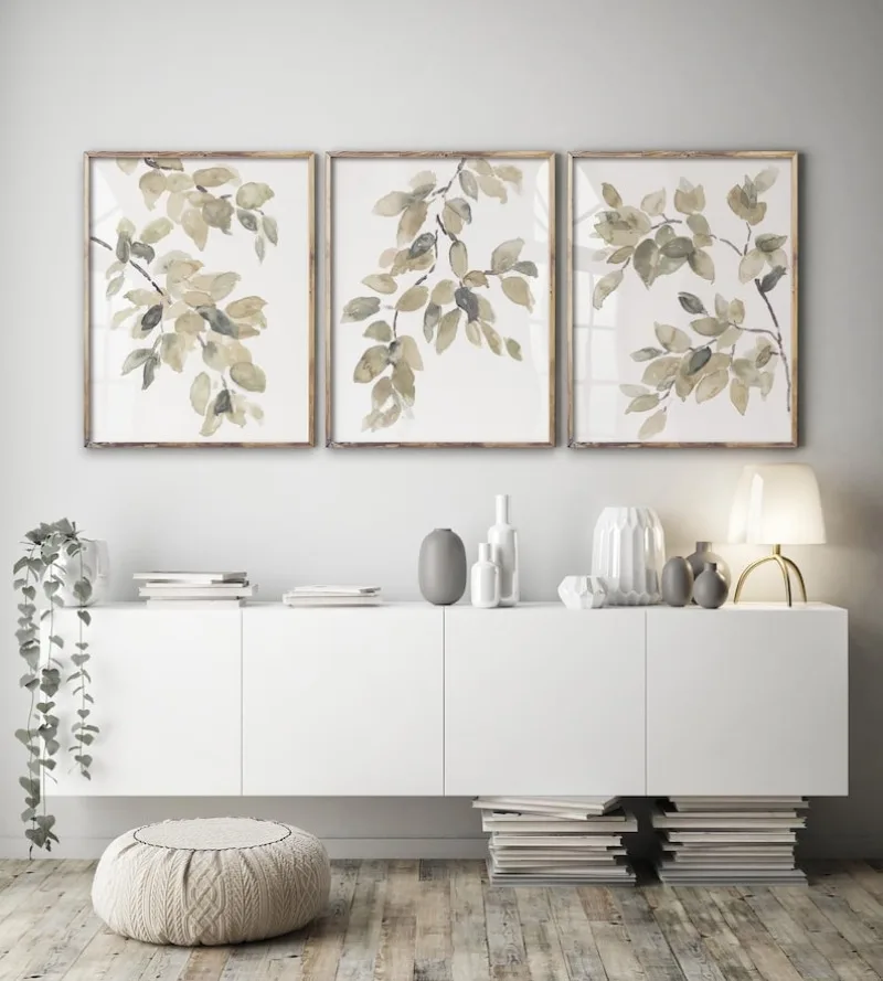 Tres juegos de carteles artísticos de pared de acuarela con ramas colgantes minimalistas de tonos neutros para decoración moderna de sala de estar