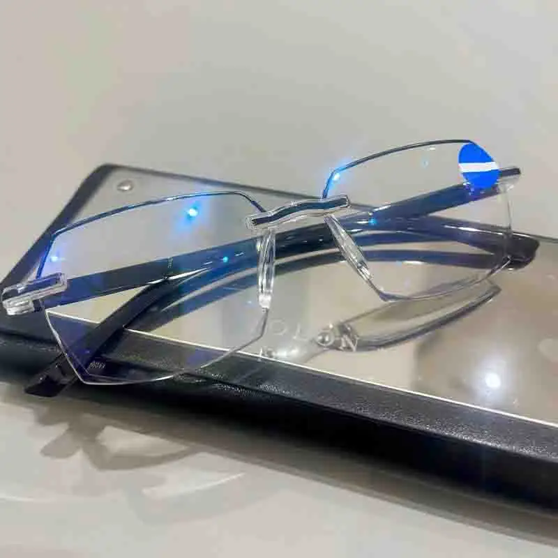 Fashion Rimless Bifocal Reading Glasses Men Women Near and Far Anti-blue Light Eyesglasses Vintage Prescription Eyewear