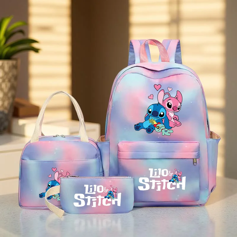 Juego de mochila Stitch de 3 piezas, ligera, de gran capacidad, nailon Preppy con correas ajustables, compartimento, bolsa de almacenamiento y estuche para lápices