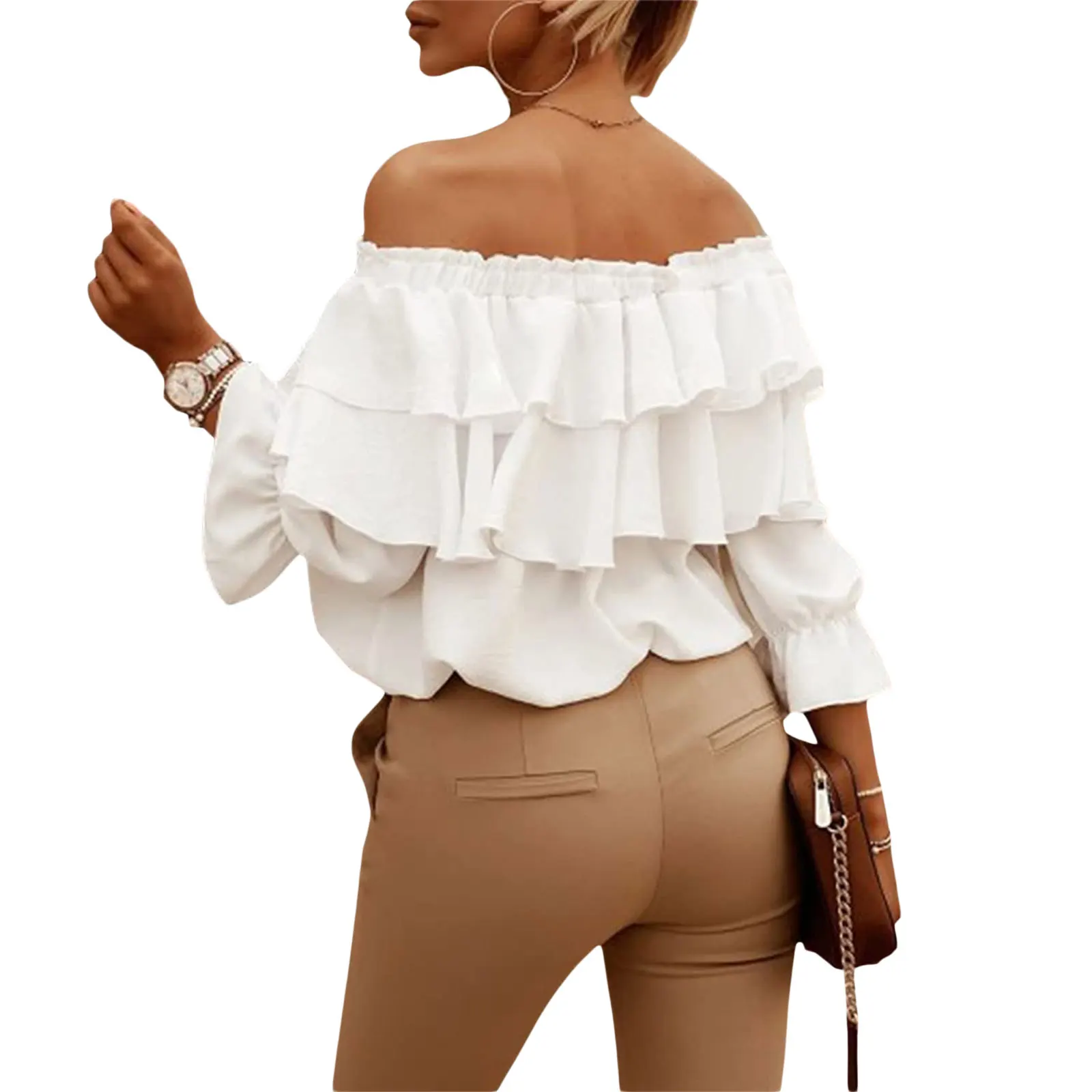 Chiffon Blouse Women\'s Elastic Shoulder Strap Ruffle Shirts Loose Solid Color Boat-Neck Off-Shoulder Half Sleeve Tie-Up Blouse