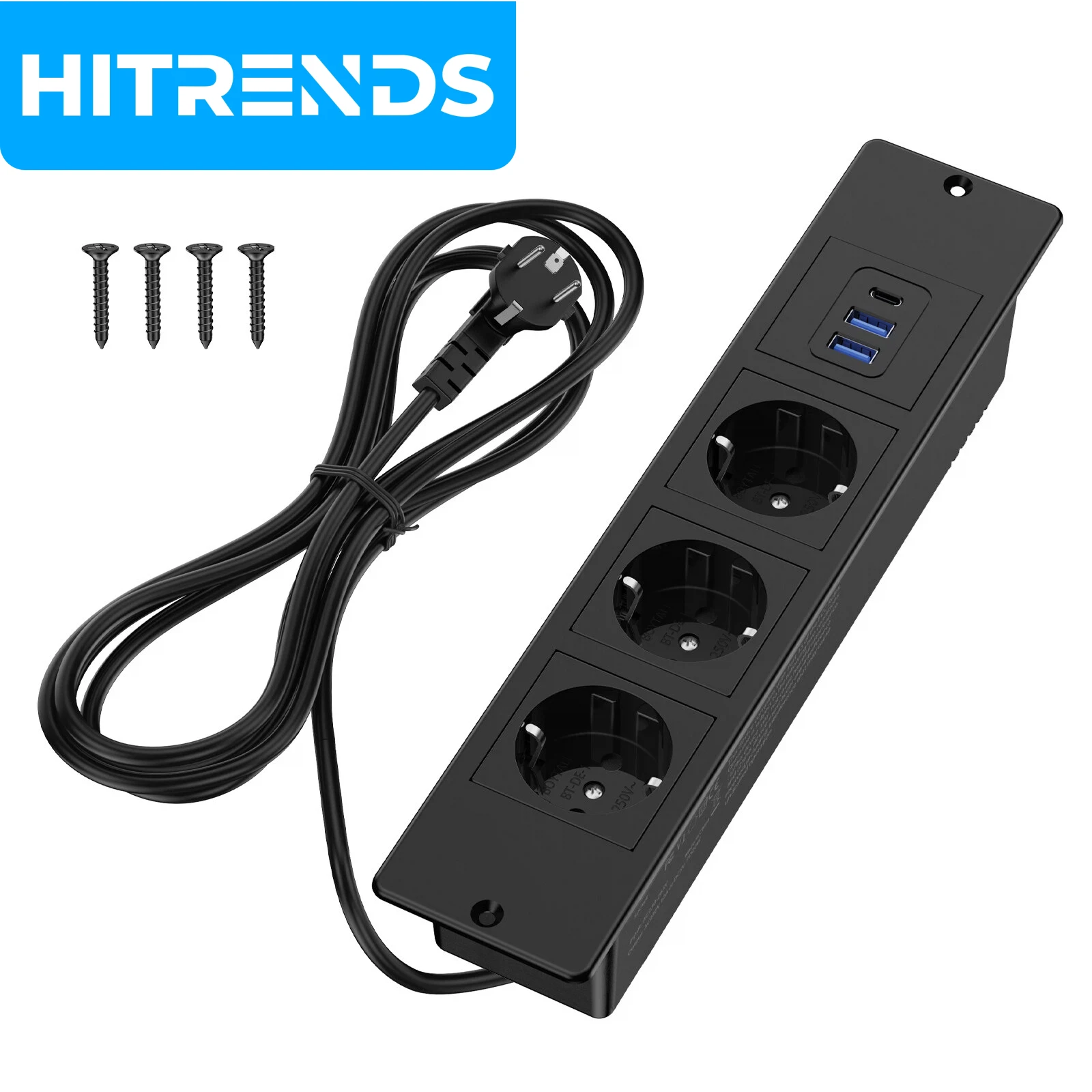 

Регулируемая настольная розетка HITRENDS с 3 USB-портами, 3 розетками, кабелем 2 м и 4 винтами — многофункциональная для кухни, рабочего стола, книжной полки