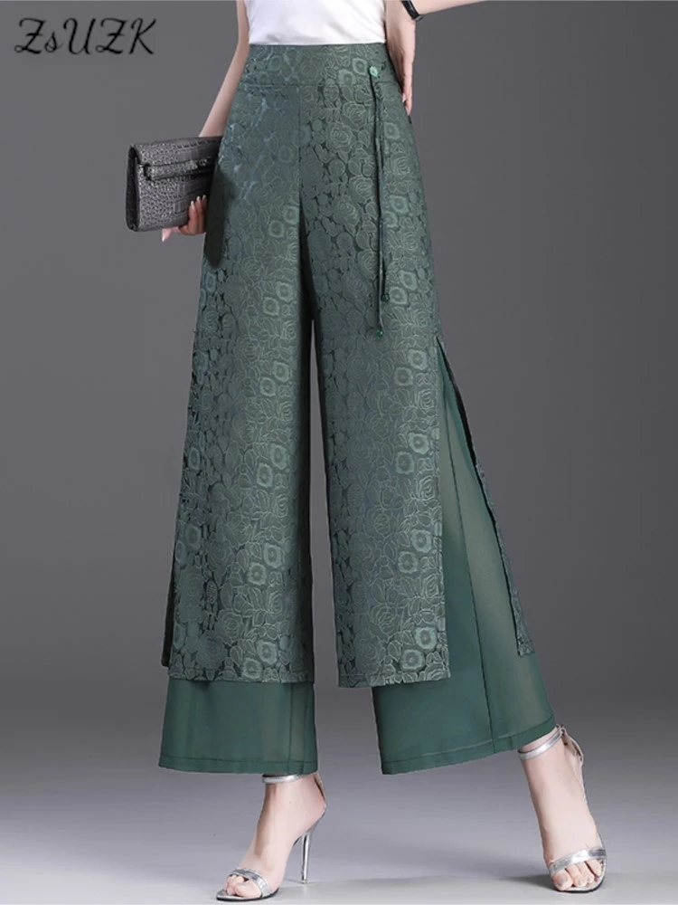  Double Layer Jacquard Chiffon Wide Leg Pants Slit Summer Comfortable Elastic Waist Chic Droop Chinese Style Thin Pants 4Colors