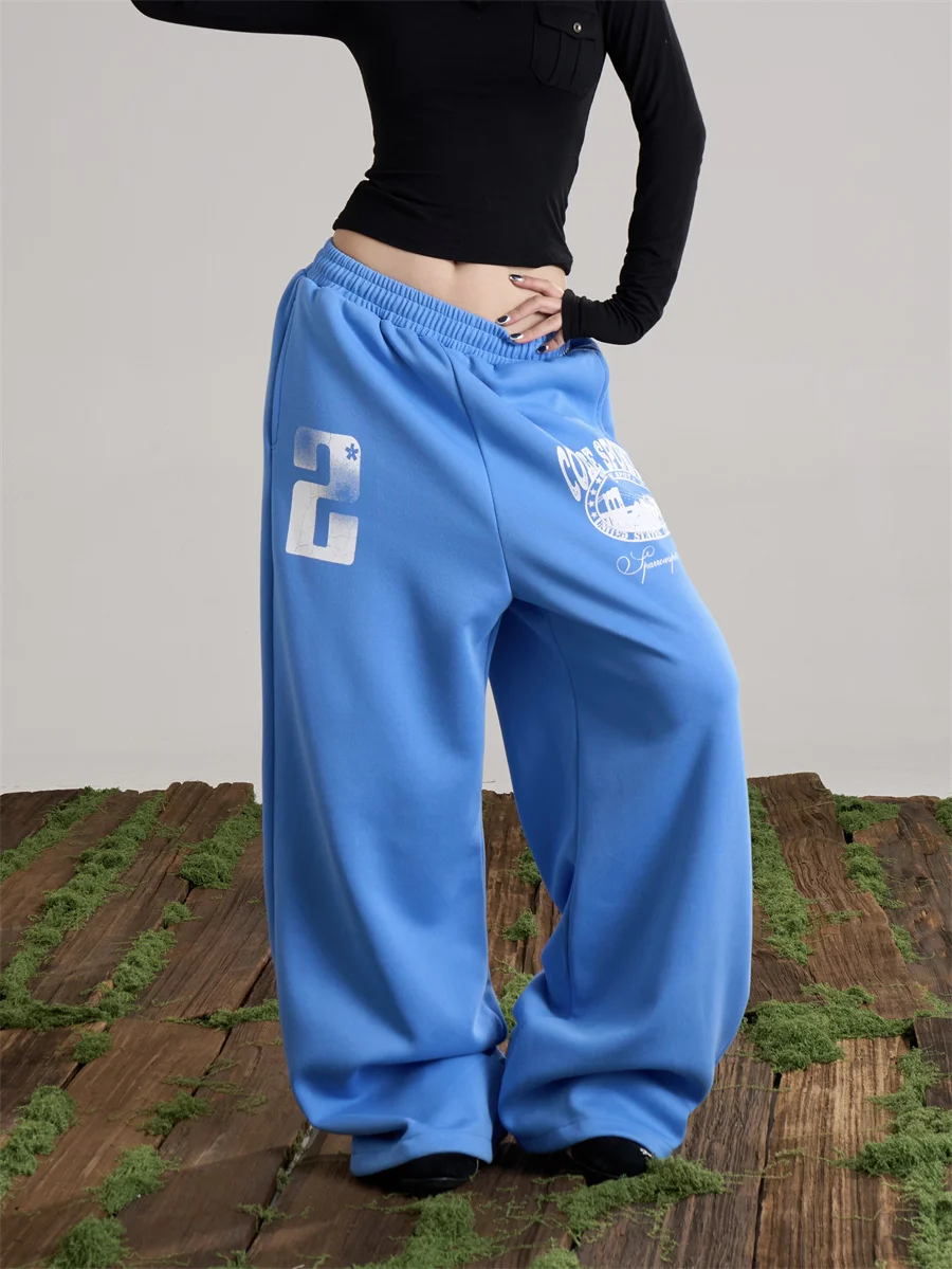 

American Retro Letter Print Blue Casual Pants Women Loose Slimming Drapey Wide Leg Long Trousers Spring Season Ladies