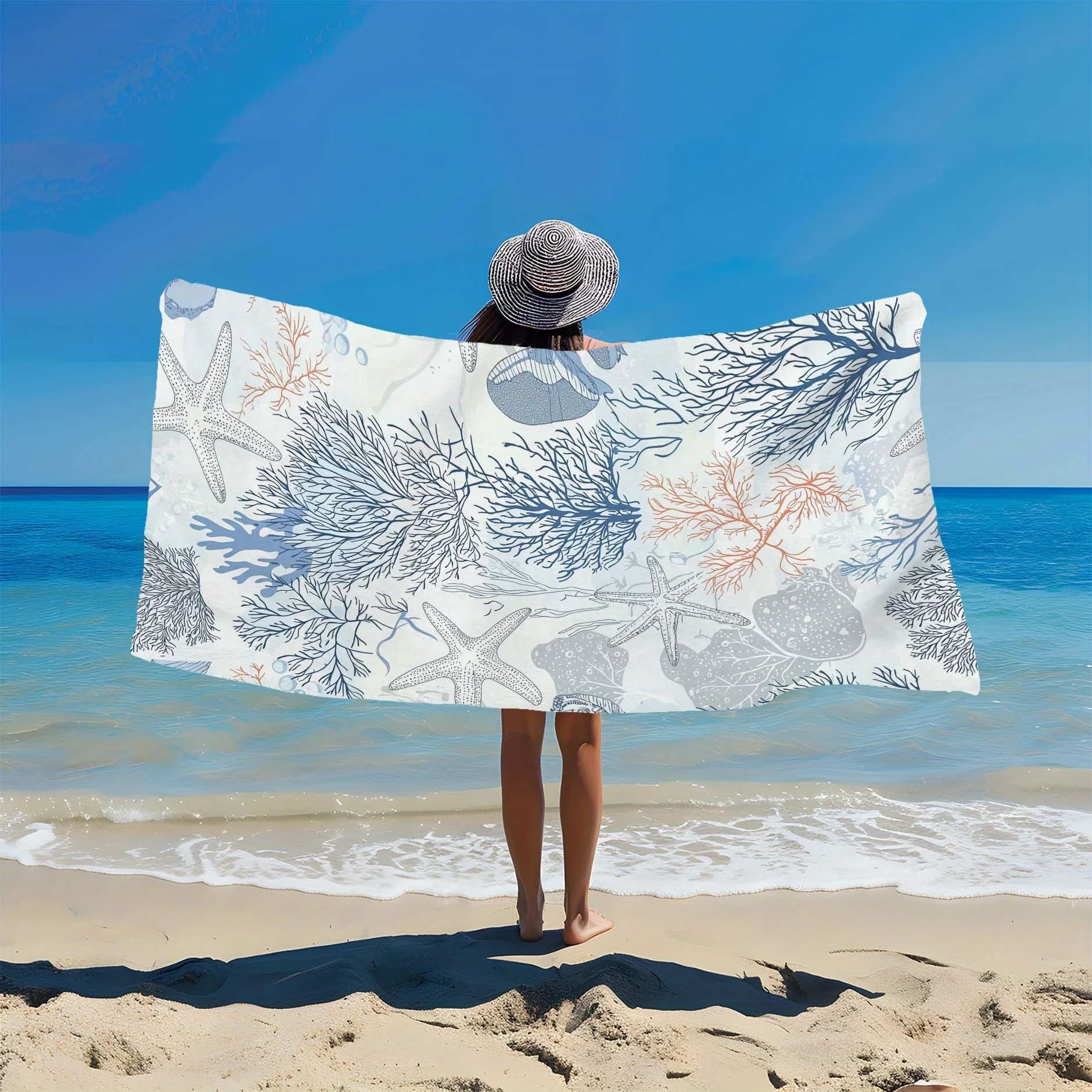 

1pc Ocean Style Coral Print Beach Towel - Polyester Fabric - Great for Travel, Swimming, Yoga - Blue and White Sea Life Design