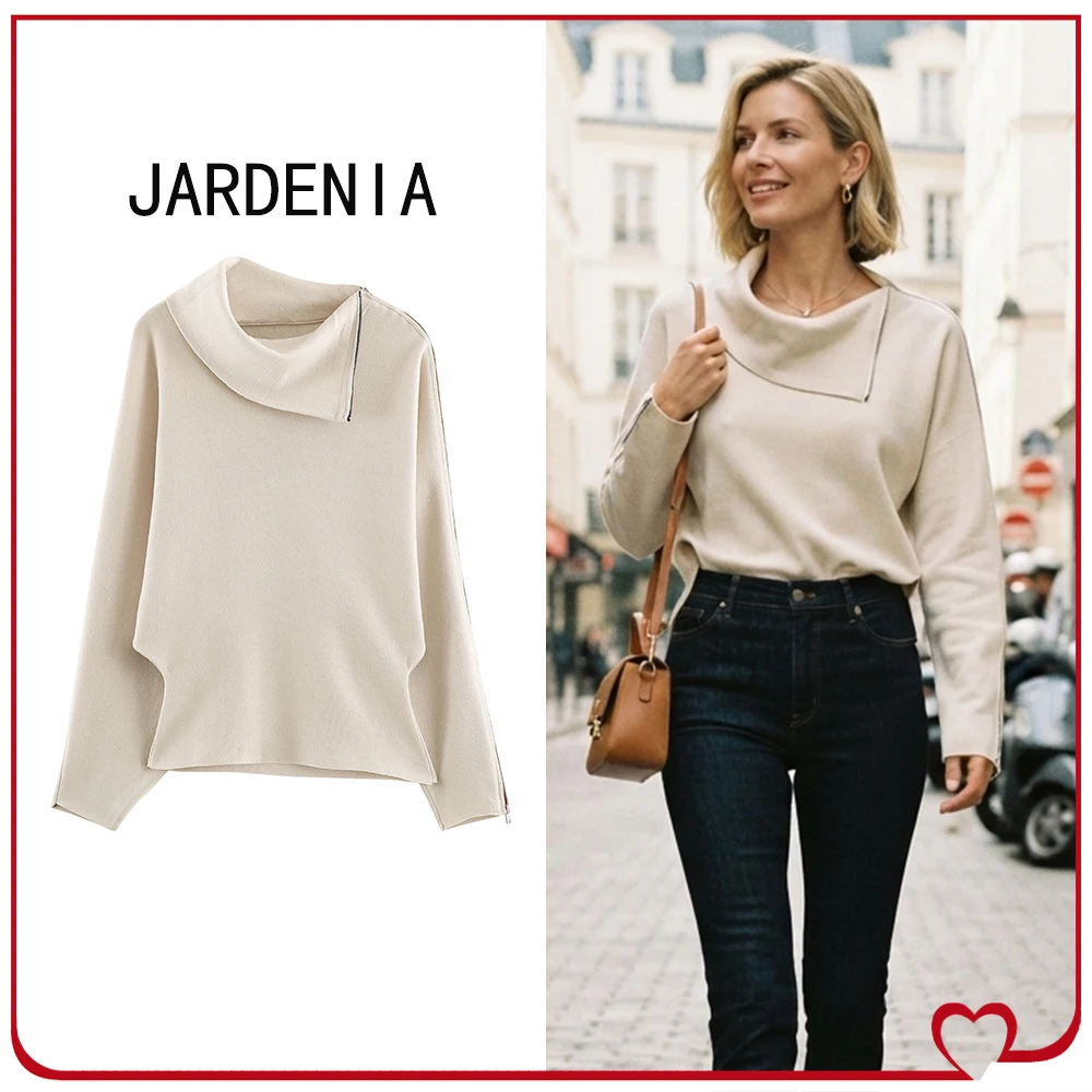 Stylish Women's Side-zip Knit Jumper Autumn Lapel Collar and Long Sleeves Sweater with Wide Armhole That Tapers Toward The Wrist