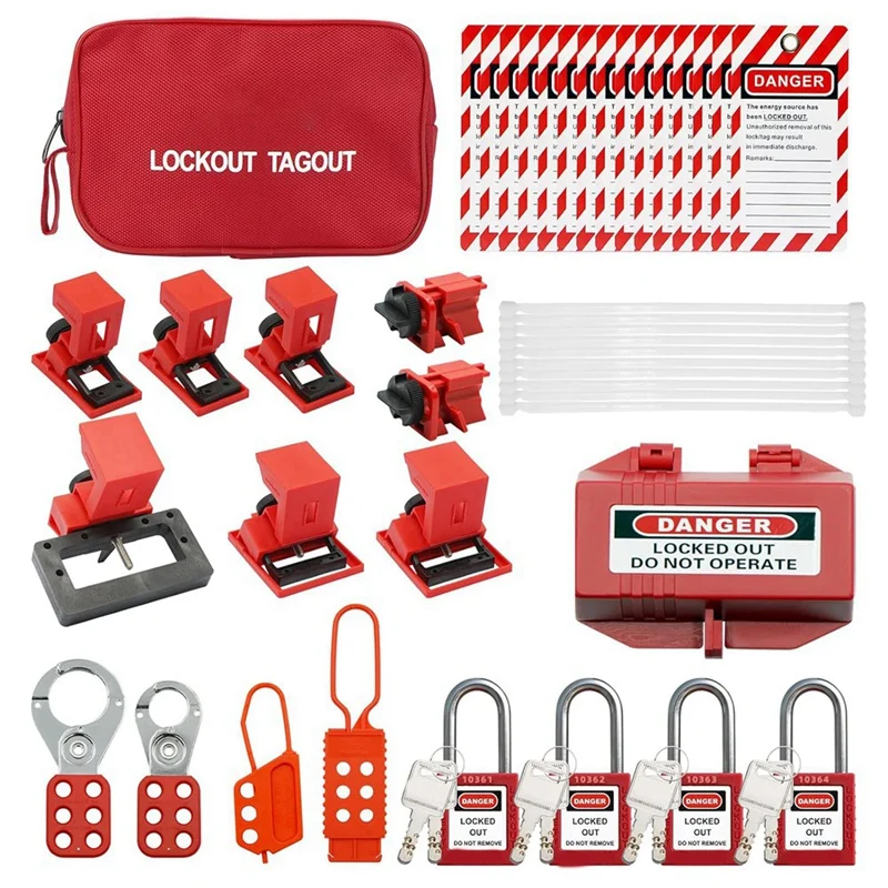 

Electrical Locking Tag Kit, Red Metal Buckle Set, Nylon Zipper Tie, Carrying Case Set