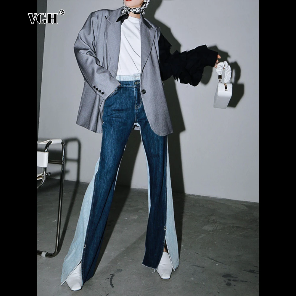 

VGH Vintage Slimming Split Flare Trousers for Women High Waist Patchwork Double Layer Design Hit Color Fashion Jeans Female 2025