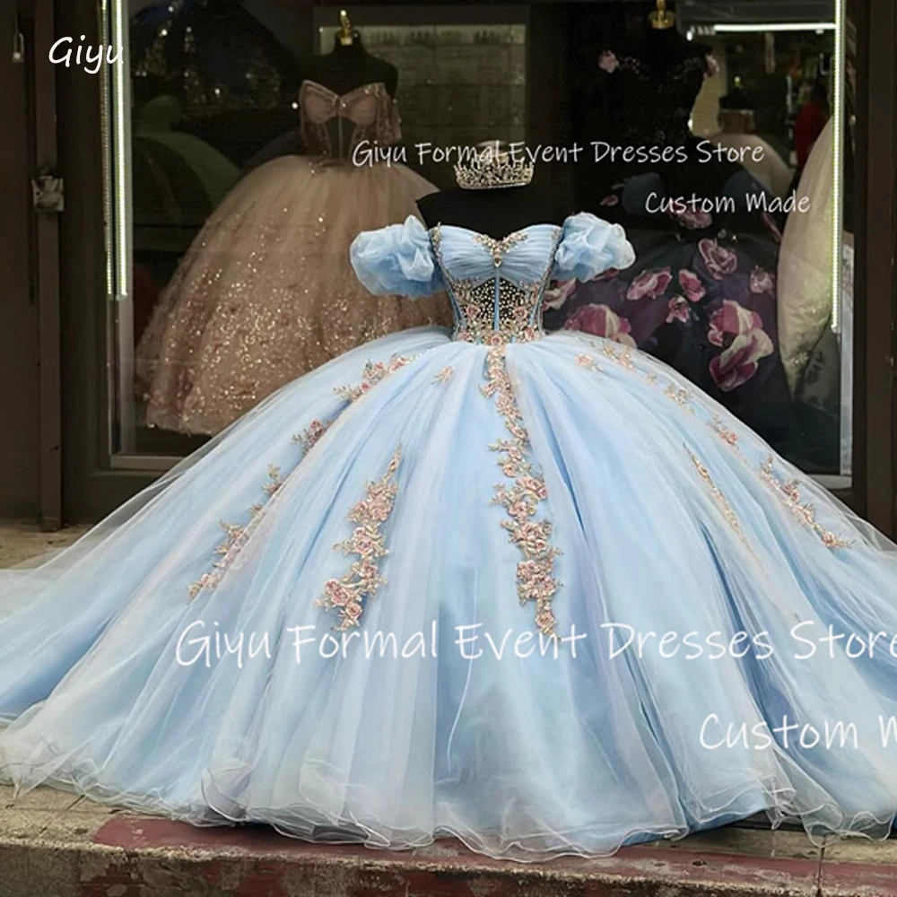 Giyu Princess Light Blue vestidos 15 quinceañera cortos Shiny Crystal Beads Ball Gown Luxury 16 Sweet Birthday Dress Customized