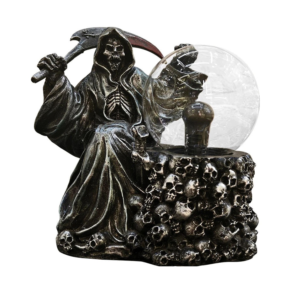 Halloween Light Up Ghost Fortune Teller with Plasma Ball Lamp Dead Grim Reaper Statue Black Grim Reaper Figurine for Home Decor