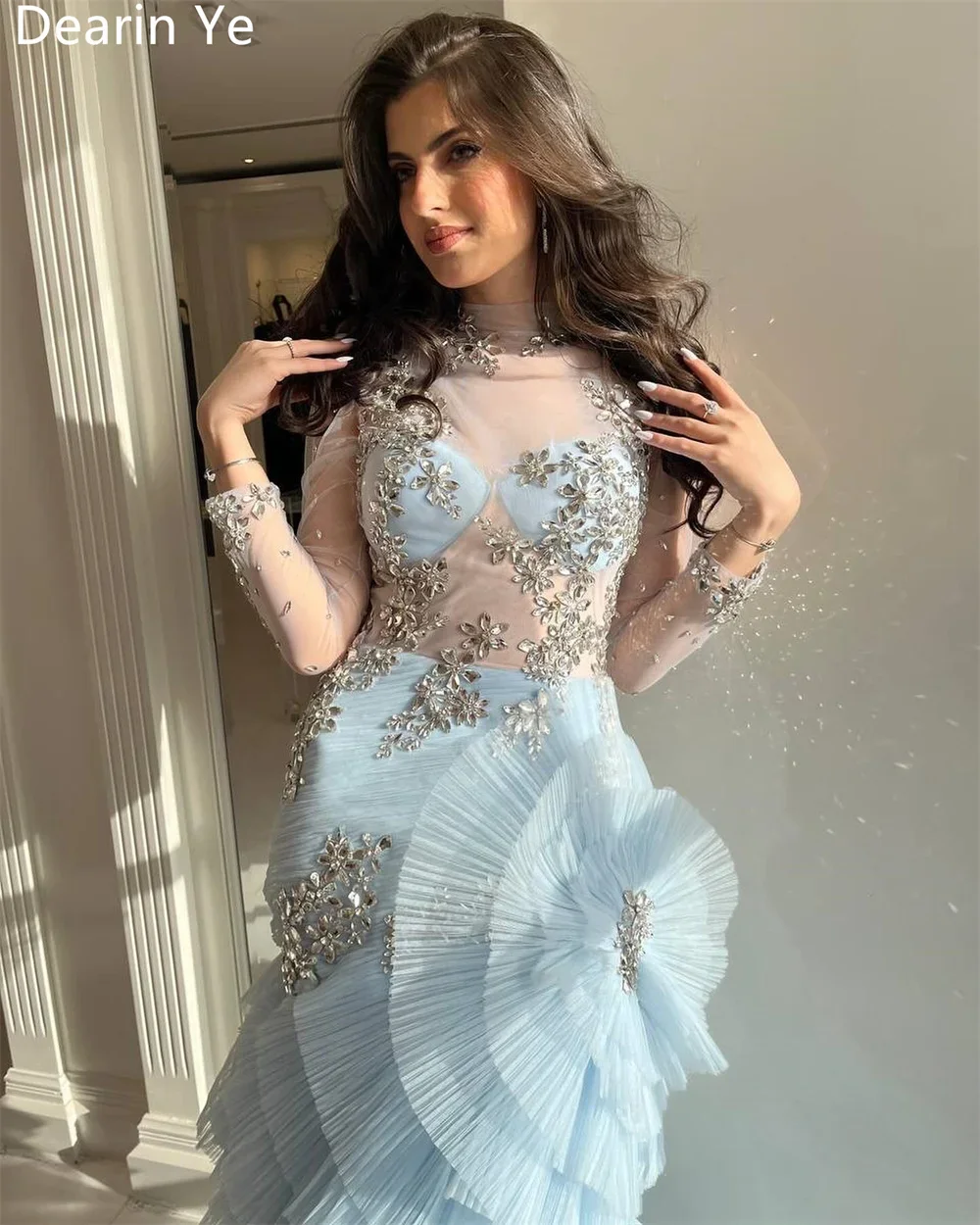 Customized Prom Gown Dearin Scoop Neckline Mermaid Floor Length Skirts Sequin Layered Tulle Flouncing Bespoke Occasion Dresses E