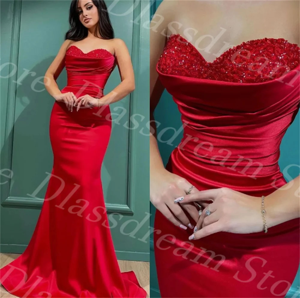 

Luxury Fashion Red Mermaid Prom Dresses Sequins Sweetheart Evening Gowns Pleats Formal Red Carpet Long Plus Size Prom Dresses