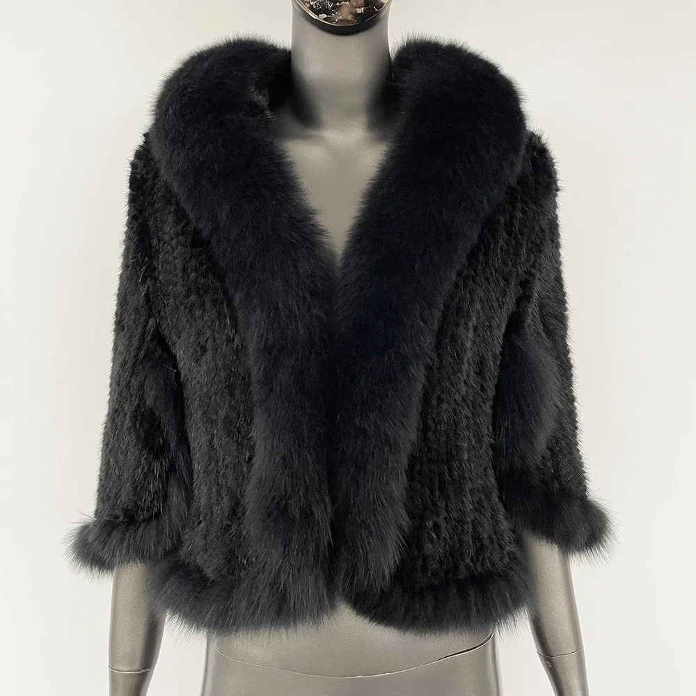 OFTBUY Real Mink Fur Coat Women Shawl Fashion Knitted Genuine Mink Fur Jacket Cape Scarf Natural Fox Fur Collar Cloak Winter