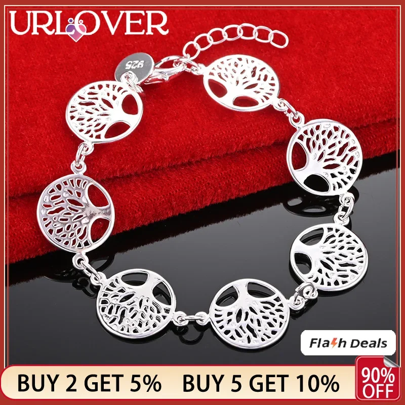 

URLOVER 925 Stamp Silver Color Popular Circular Hollow Tree Chain Bracelets For Woman Wedding Party Birthday Fashion Jewelry