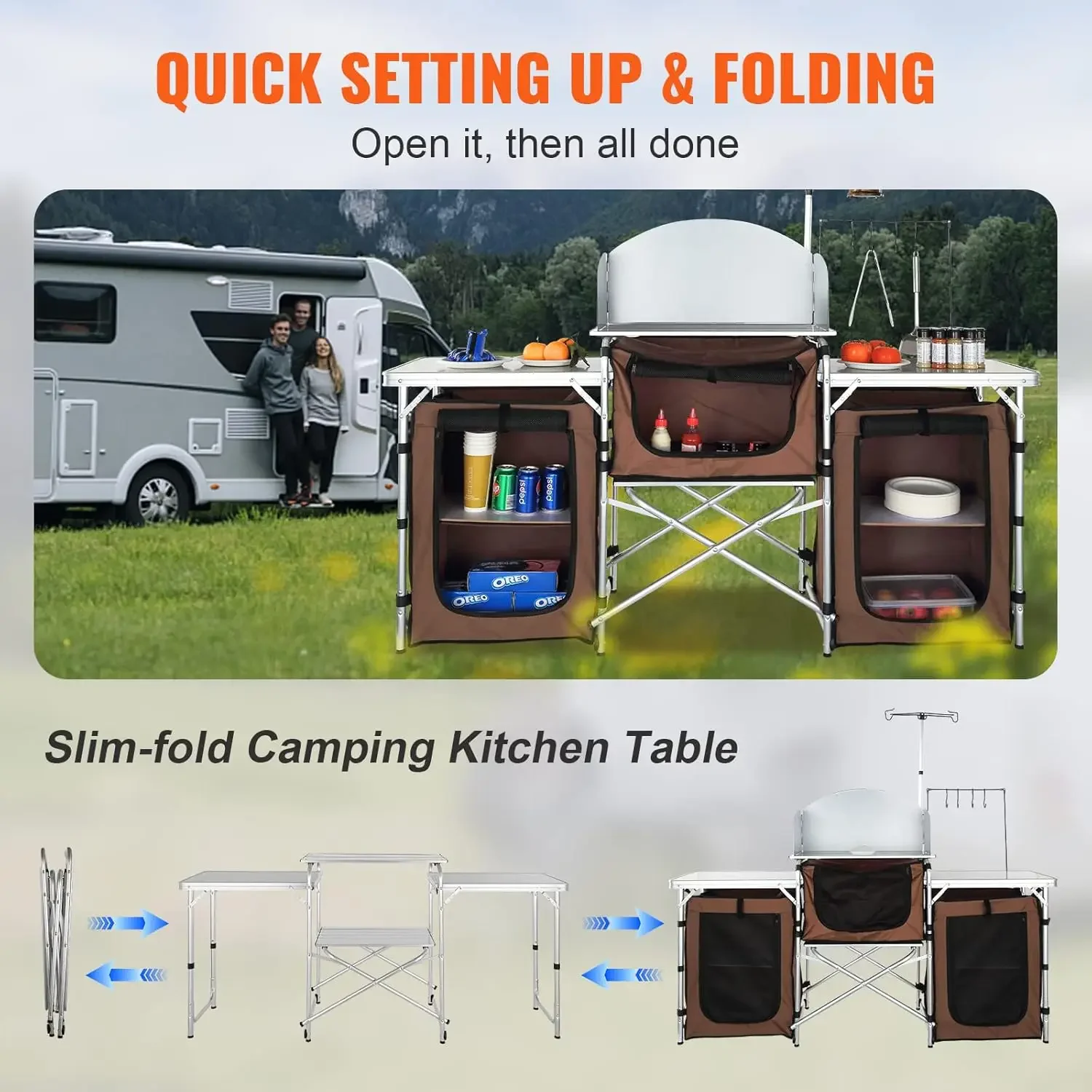 Camping Kitchen Table, Folding Outdoor Cooking Table with Storage Carrying Bag
