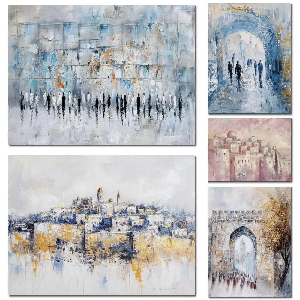

Textured Jerusalem Painting Western Wall Landscape Canvas Art Hand Painted Blue Gold Kotel Modern Jewish Canvas for Judaic Gift