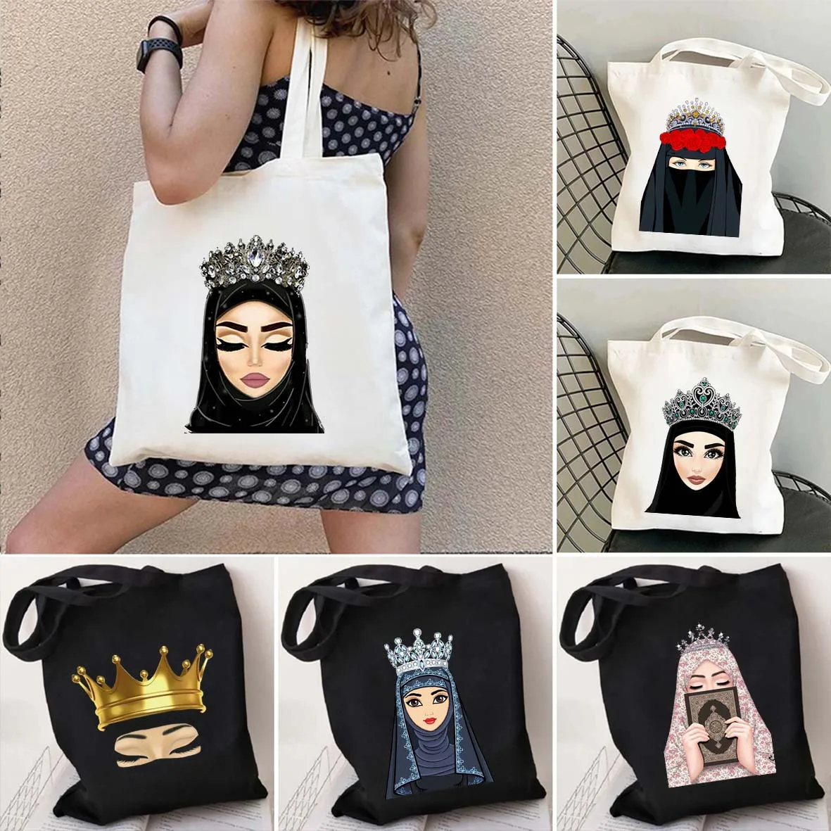 

Luxury Woman Crown Hijabi Face Muslim Islamic Princess Gril Eyes Cover Canvas Shoulder Shopper Totes Bag Cotton Shopping Handbag