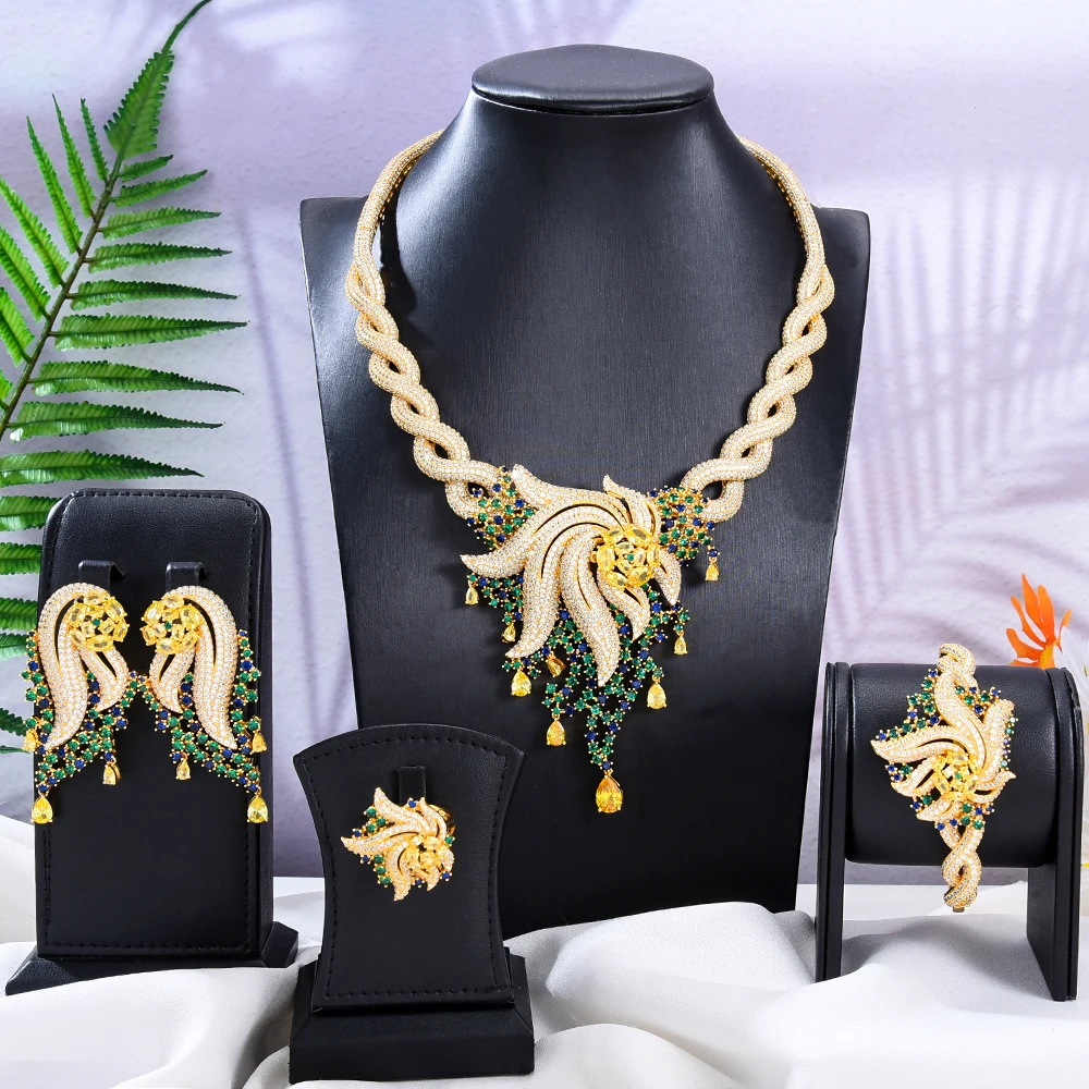 GODKI 4PCS Set di gioielli africani di lusso per le donne Set di gioielli da damigella d\'onore da sposa collana orecchino braccialetto anello Set da