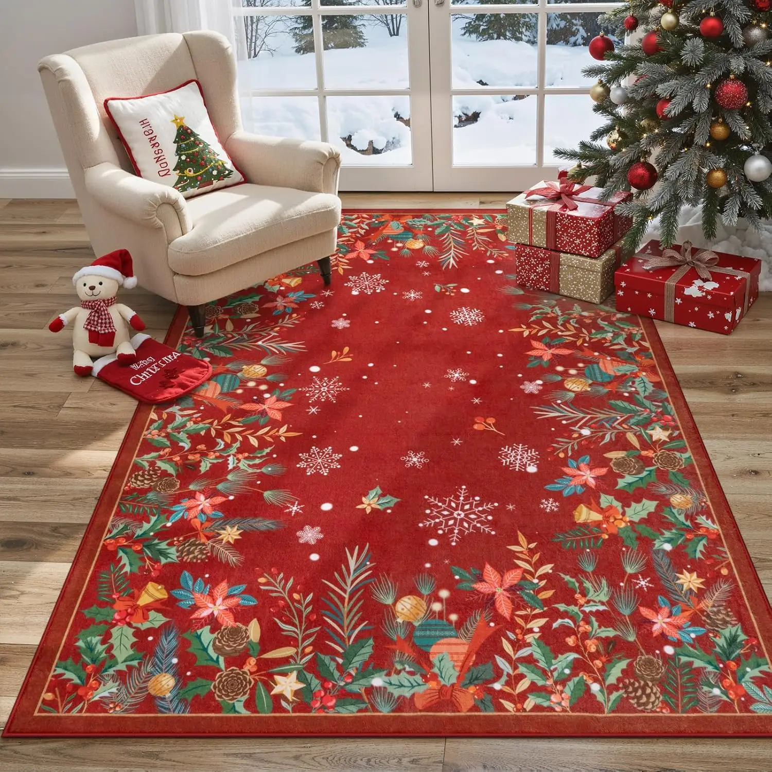 Red Botanical Area Rugs for Living Room, Non-Slip Soft Rug for Bedroom, Low Pile Snowflake Holiday Decor Rugs Carpet for Dining