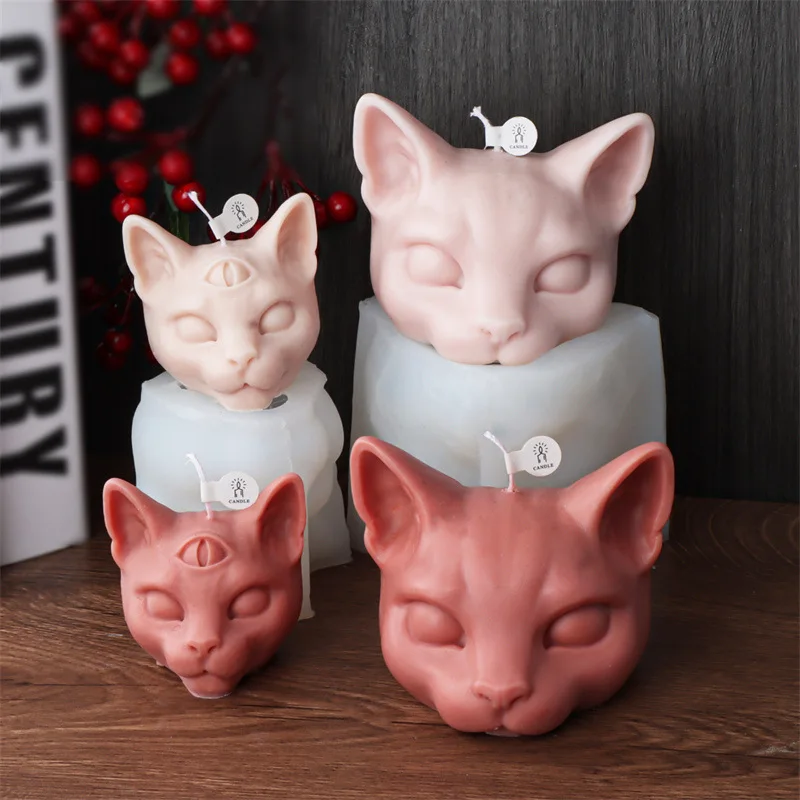 3D Three-eyes Cat Head Candle Silicone Mold Cat Plaster Epoxy Resin Molds Chocolate Cake Baking Tools Home Decor Crafts Gifts