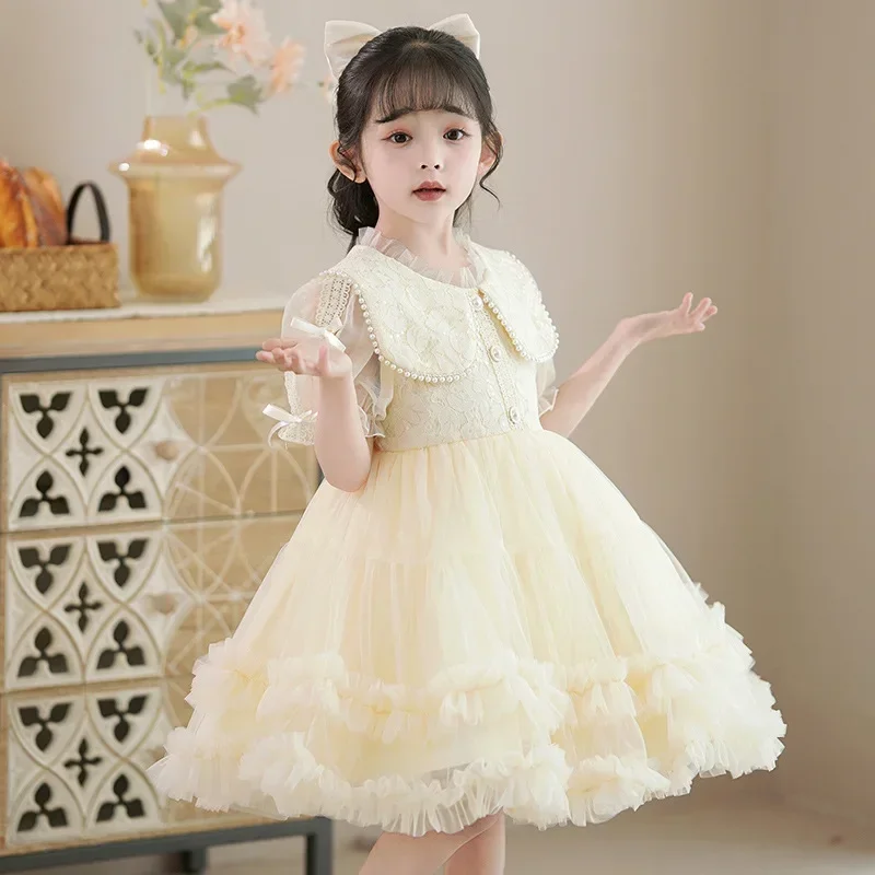 Vestido de fios macios infantil, vestido de princesa para menina, elegante, verão, 1 ° desempenho, novo