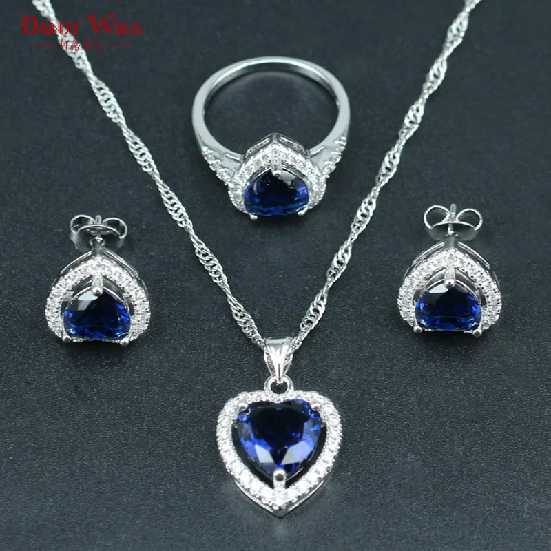 Sapphire Blue 925 Silver Jewelry Sets Heart Stone Party Bridal Jewellery Wedding Rings Earrings Pendant Necklace For Women