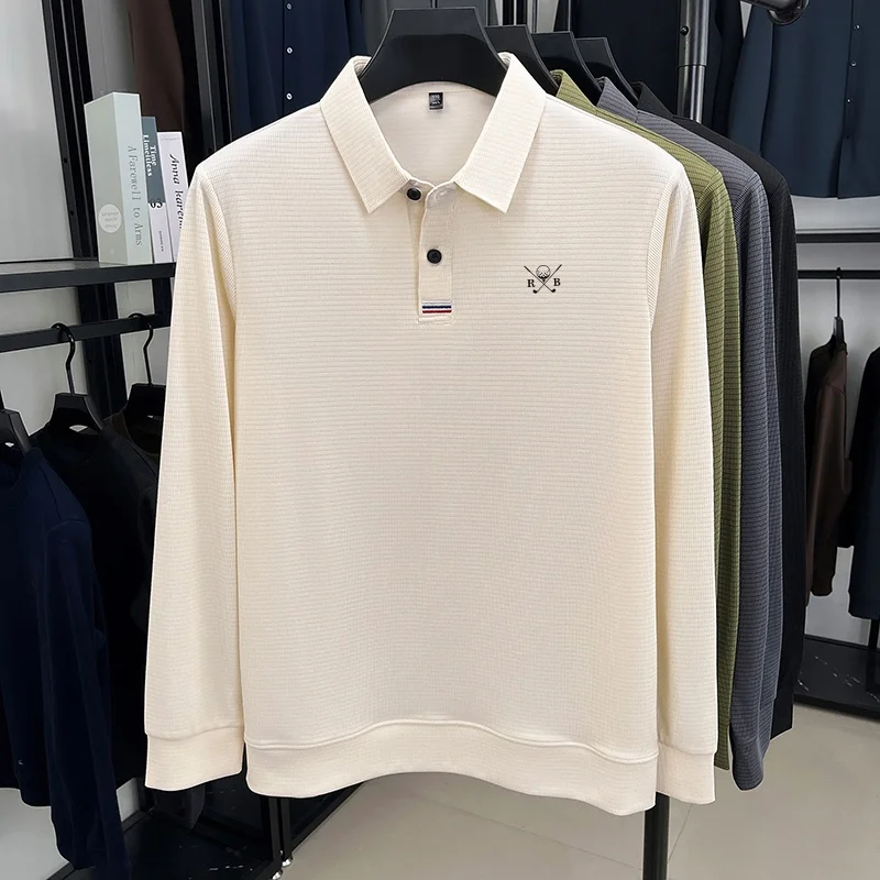 Neues Herren-Polohemd mit modischem Print, Original Frühling-Herbst, warmes, einfarbiges Langarm-T-Shirt, bequem für den Alltag, Büro, Herrenbekleidung – Detail 7