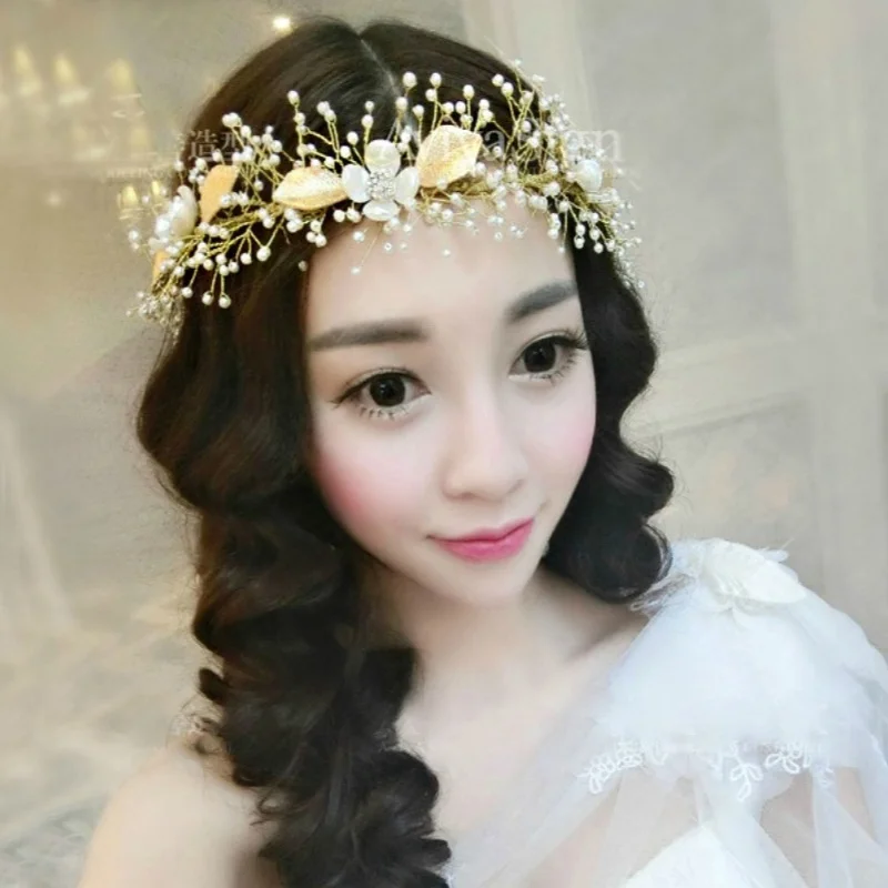 Trendy Leaf Flower Hairband Rhinestone Pearl Headband Hairband Women Prom Bridal Wedding Hair Accessories Jewelry Band Headband