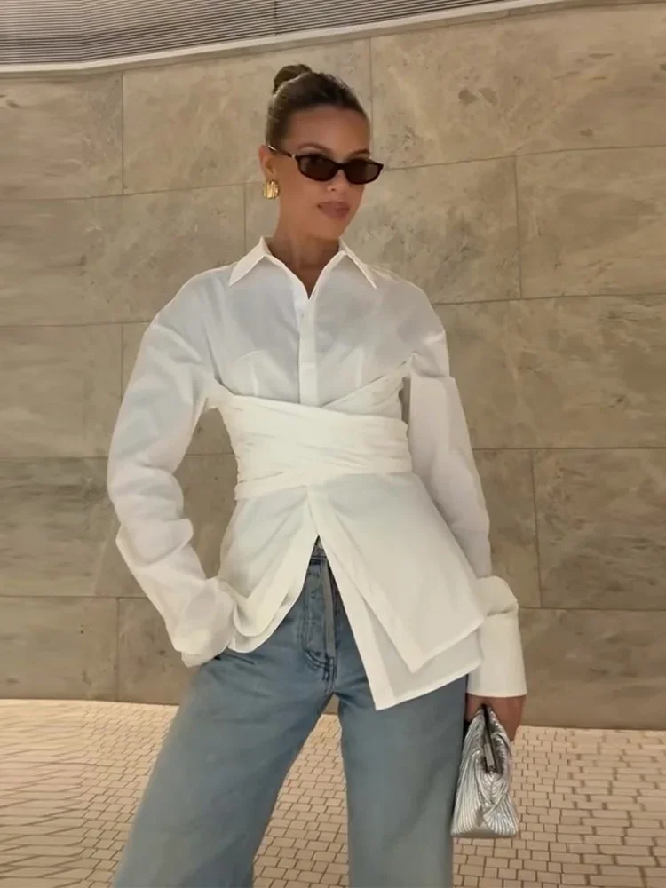 

Elegant Office Women's Shirts Solid Laple Waist Cinching Full Sleeve Female Shirt 2025 Spring Fashion New Lady Commuter Wears