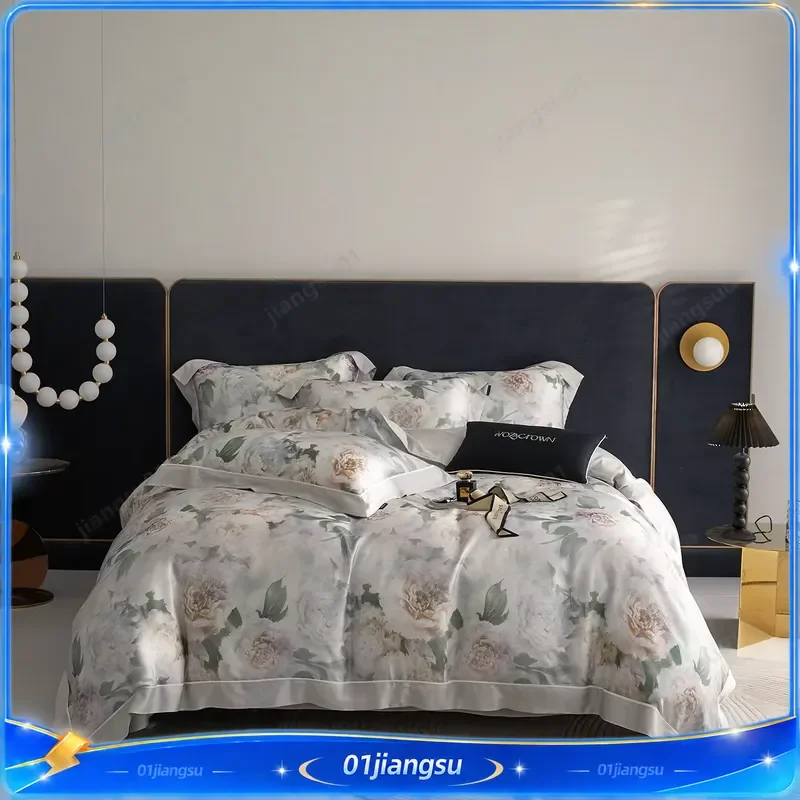 Luxury Floral Print Bedding Set 1000TC Lyocell Cotton Queen King Size Soft Duvet Cover Flat Fitted Sheet Pillowcases 4 Piece