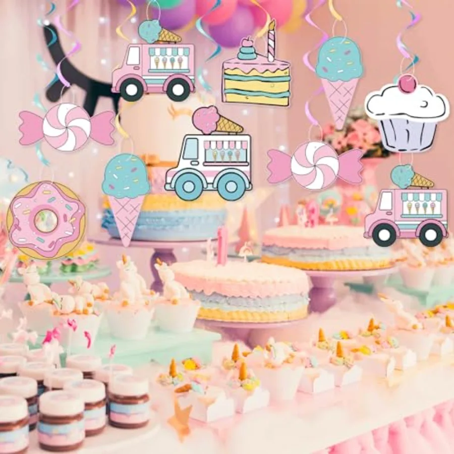 Sweet Comic Ice Cream Donut Hanging Swirl Party Decor Pastel Cartoon 2D Comic Donut Candy Party Ceiling Streamers for Girl Ice